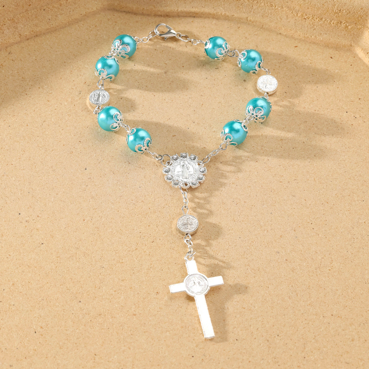 Wholesale 10mm glass pearl cross blessing beaded bracelet